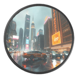 Cyberpunk Skycrapper City Cars Eishockey Puck