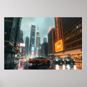Cyberpunk Skycrapper City Cars Poster