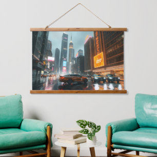 Cyberpunk Skycrapper City Cars Wandteppich Mit Holzrahmen