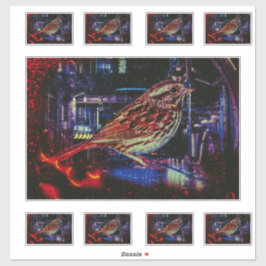 Cyberpunk Sparrow in Neon Cityscape Aufkleber