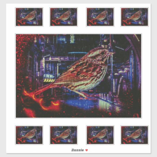 Cyberpunk Sparrow in Neon Cityscape Aufkleber (Blatt)
