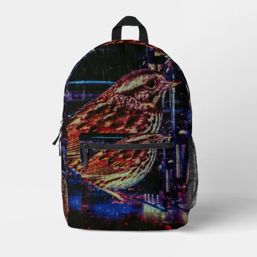 Cyberpunk Sparrow in Neon Cityscape Bedruckter Rucksack (Vorderseite)