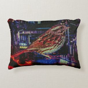 Cyberpunk Sparrow in Neon Cityscape Dekokissen