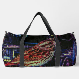 Cyberpunk Sparrow in Neon Cityscape Duffle Bag