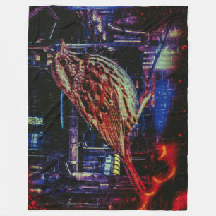 Cyberpunk Sparrow in Neon Cityscape Fleecedecke