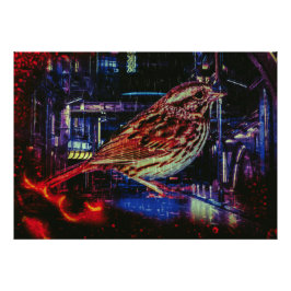 Cyberpunk Sparrow in Neon Cityscape Fotodruck