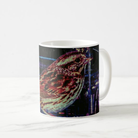 Cyberpunk Sparrow in Neon Cityscape Kaffeetasse (VorderseiteRechts)