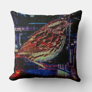 Cyberpunk Sparrow in Neon Cityscape Kissen