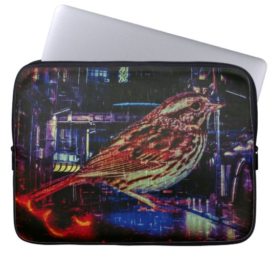 Cyberpunk Sparrow in Neon Cityscape Laptopschutzhülle (Vorderseite)