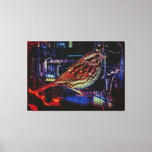 Cyberpunk Sparrow in Neon Cityscape Leinwanddruck (Vorderseite)