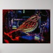 Cyberpunk Sparrow in Neon Cityscape Poster (Vorne)