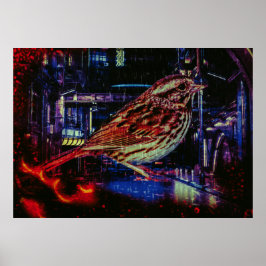 Cyberpunk Sparrow in Neon Cityscape Poster