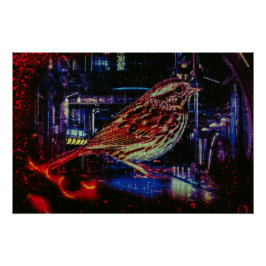 Cyberpunk Sparrow in Neon Cityscape Poster
