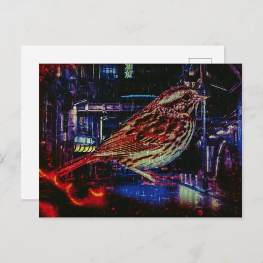 Cyberpunk Sparrow in Neon Cityscape Postkarte (Vorne/Hinten)