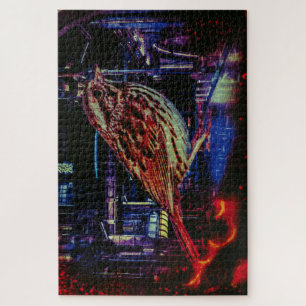 Cyberpunk Sparrow in Neon Cityscape Puzzle