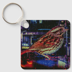 Cyberpunk Sparrow in Neon Cityscape Schlüsselanhänger
