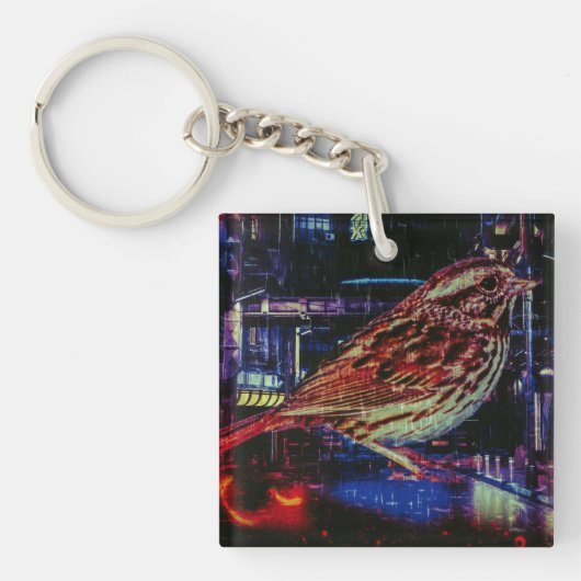 Cyberpunk Sparrow in Neon Cityscape Schlüsselanhänger (Vorderseite)