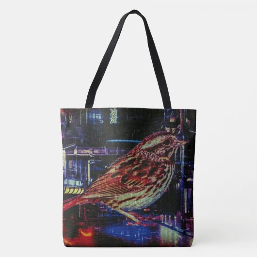 Cyberpunk Sparrow in Neon Cityscape Tasche (Vorderseite)