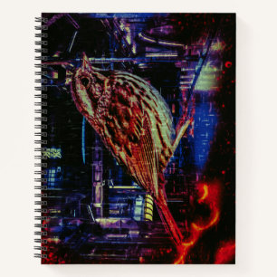 Cyberpunk-Spatz in Neon-Stadtlandschaft Notizblock