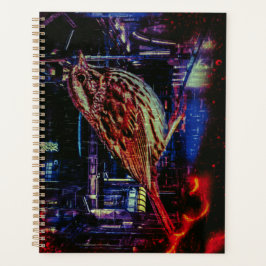 Cyberpunk-Spatz in Neon-Stadtlandschaft Planer
