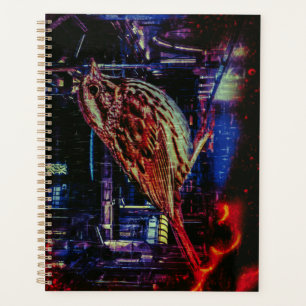 Cyberpunk-Spatz in Neon-Stadtlandschaft Planer