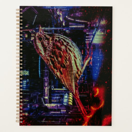Cyberpunk-Spatz in Neon-Stadtlandschaft Planer (Vorderseite)