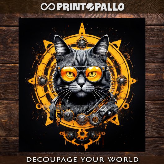 Cyberpunk-Steampunk-Katze mit Brille - Decoupage Geschenkpapier Set