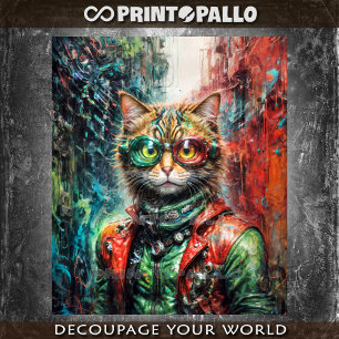 Cyberpunk-Streunende Katze in Ledermantel und Schu Seidenpapier