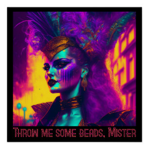 Cyberpunk-Synthwave Mardi Gras Frau Glänzendes Pos Poster