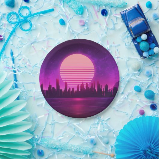 Cyberpunk-Synthwave-Scifi-Rosa schwarz Pappteller (Party)
