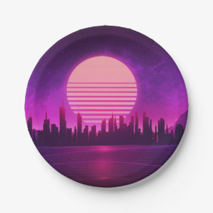 Cyberpunk-Synthwave-Scifi-Rosa schwarz  Pappteller