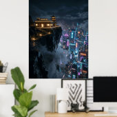 Cyberpunk-Tempel über der Neonstadt Poster (Heimbüro)