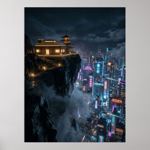 Cyberpunk-Tempel über der Neonstadt Poster
