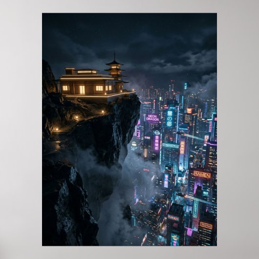 Cyberpunk-Tempel über der Neonstadt Poster (Vorne)