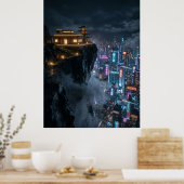 Cyberpunk-Tempel über der Neonstadt Poster (Küche)