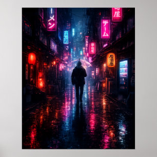 Cyberpunk Tokio Regenallee Neon Japanisch Poster