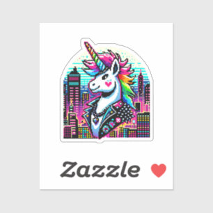 Cyberpunk Unicorn Neon Pixel Art City Design Aufkleber
