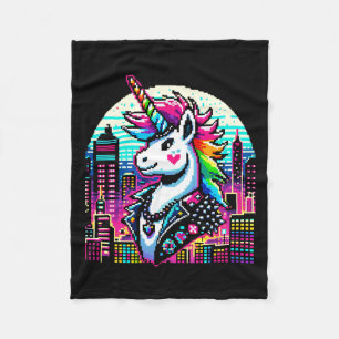 Cyberpunk Unicorn Neon Pixel Art City Design Fleecedecke