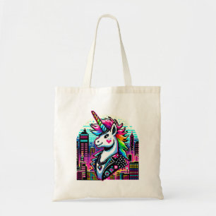 Cyberpunk Unicorn Neon Pixel Art City Design Tragetasche