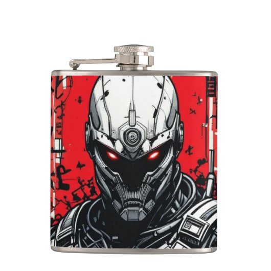 Cyberpunk Warrior Graffiti Flask - Rot, Schwarz Flachmann (Vorderseite)