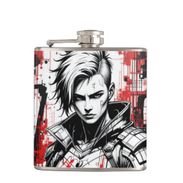 Cyberpunk Warrior Graffiti Flask - Rot, Schwarz Flachmann
