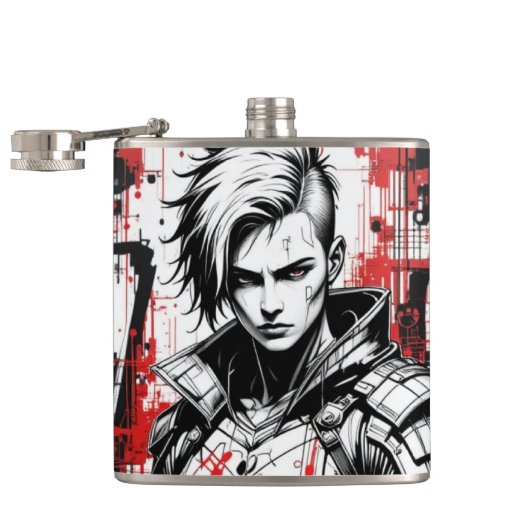 Cyberpunk Warrior Graffiti Flask - Rot, Schwarz Flachmann (Geöffnet)