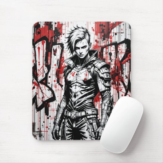 Cyberpunk Warrior Graffiti Mousepad - Rot, Schwarz (Mit Mouse)
