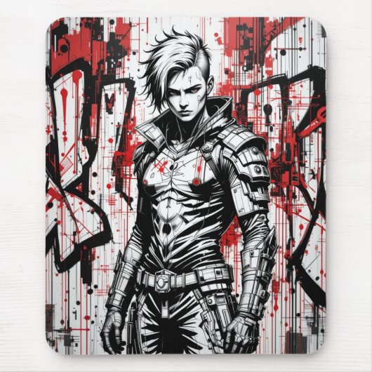 Cyberpunk Warrior Graffiti Mousepad - Rot, Schwarz (Vorne)