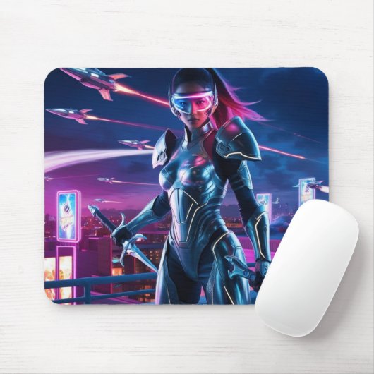 Cyberpunk Warrior Mouse Pad Neon Cityscape Design Mousepad (Mit Mouse)