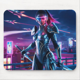 Cyberpunk Warrior Mouse Pad Neon Cityscape Design Mousepad