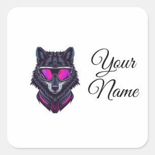 Cyberpunk-Wolf-Neon-Kunst Personalisierbarer Namen Quadratischer Aufkleber