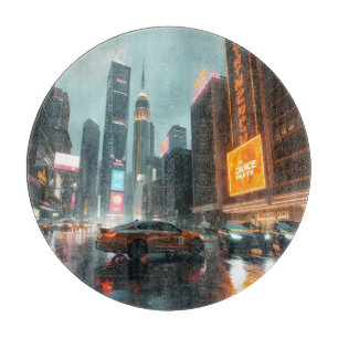 Cyberpunk-Wolkenkratzer-Stadt-Autos Schneidebrett