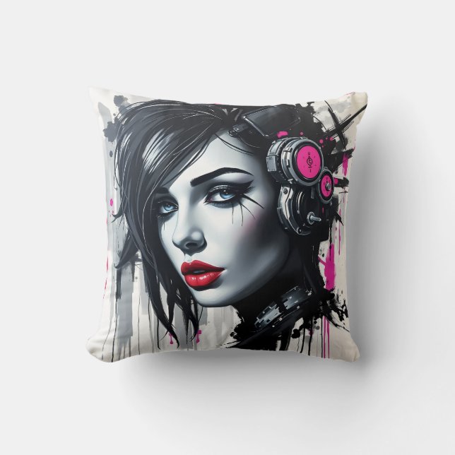 Cyberpunk Woman - Edgy Sci-Fi Art Kissen (Vorderseite)