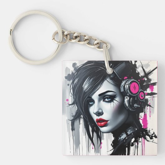 Cyberpunk Woman - Edgy Sci-Fi Art Schlüsselanhänger (Vorderseite)